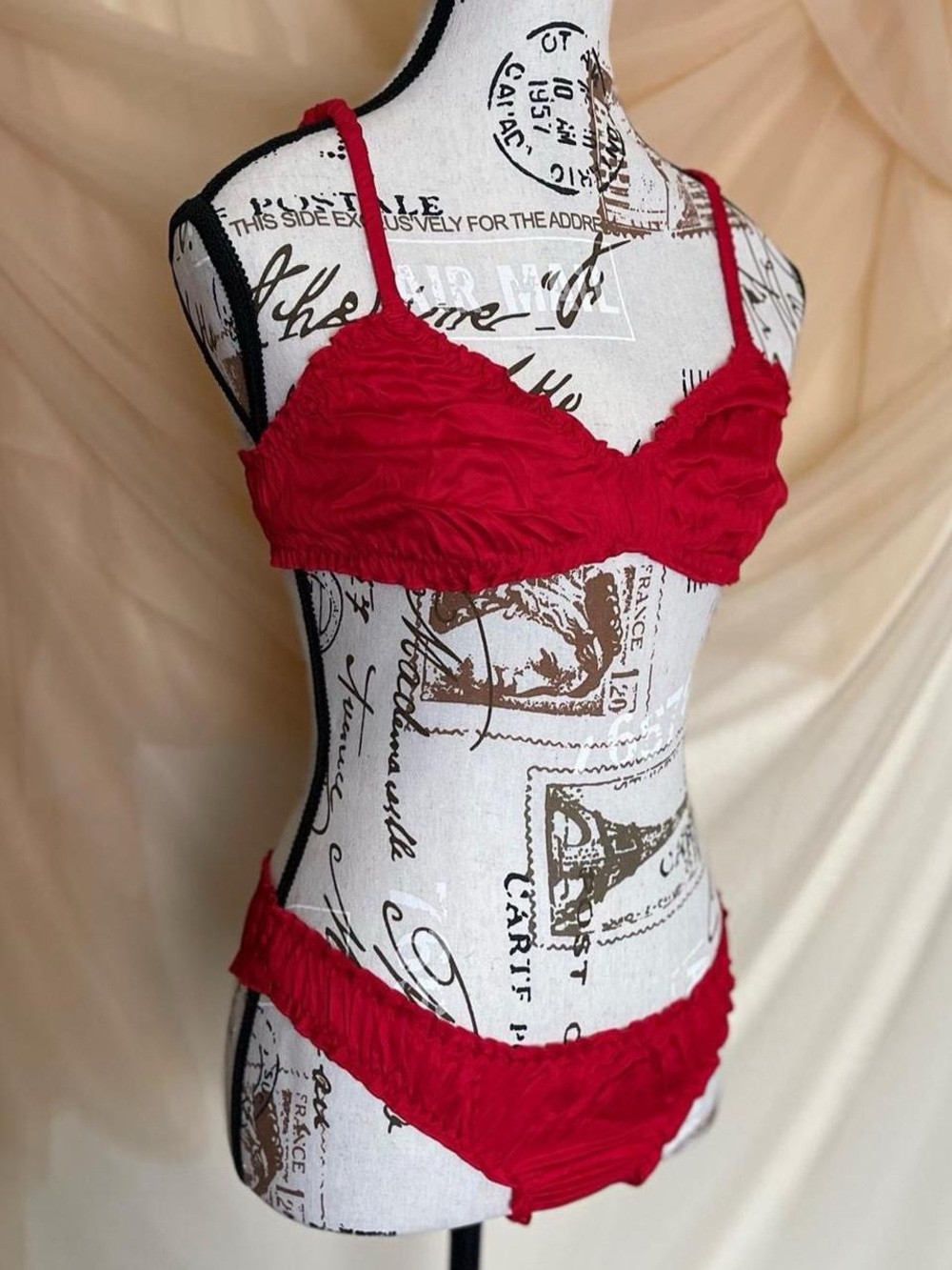 Victoria's Secret Red Ruched Ruffle Bra & Panty Lingerie Set